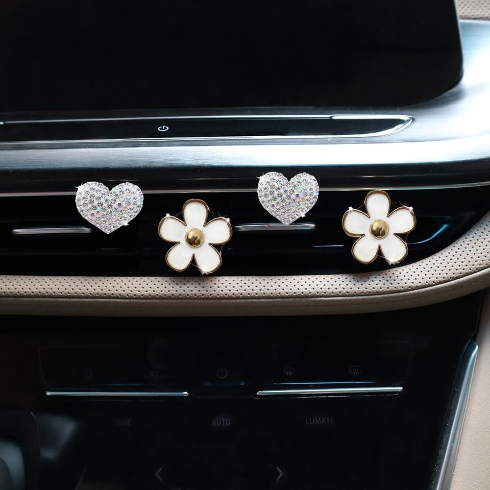 4PCS Car Air Vent Clips with Fragrance Pads, Cute Flower Car Air Fresheners Vents Clips Diamond Vent Clip Auto Interior Decor Charm Bling Auto Accessories Decoration for Women (White)
