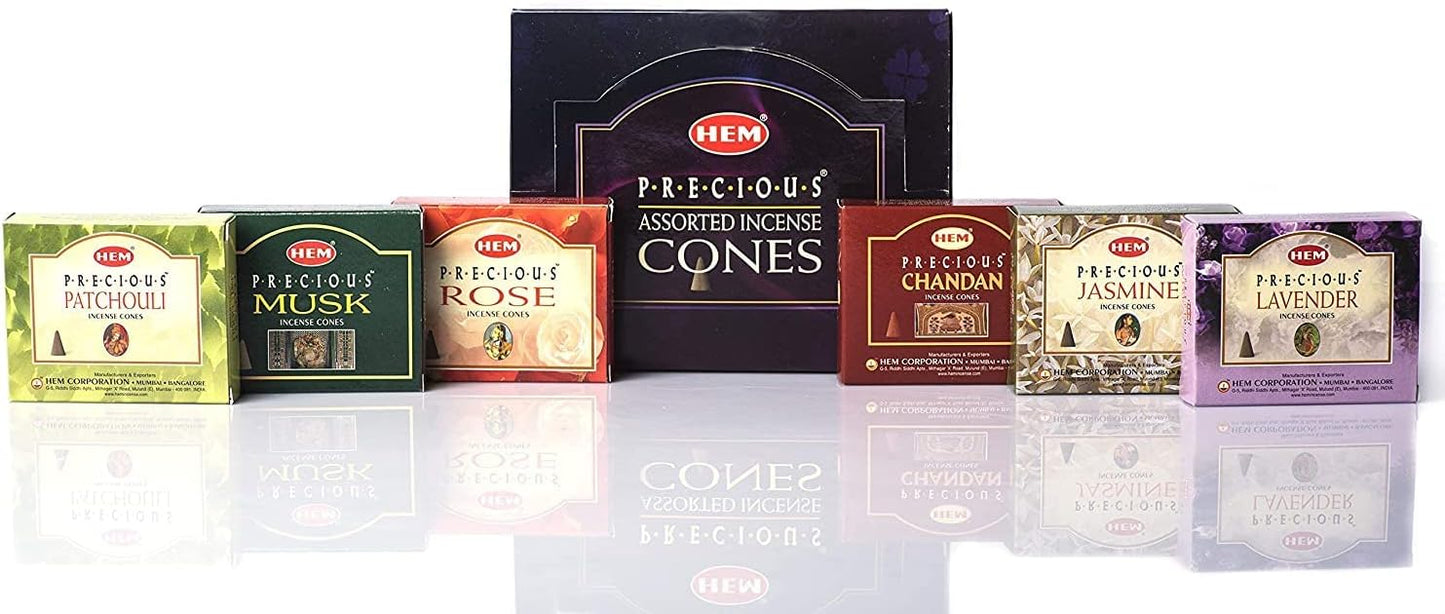 Precious Series Assortment of Six Scents - Total of 12 Boxes, 10 Cones Each - HEM Incense From India