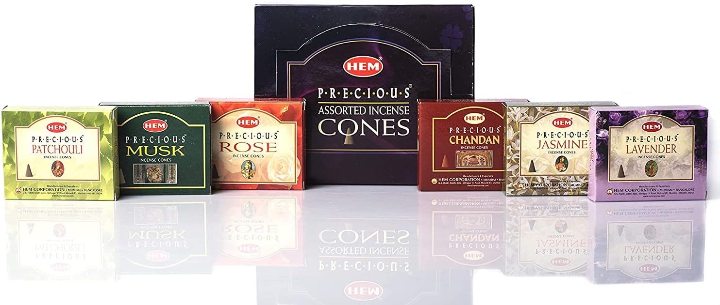 Precious Series Assortment of Six Scents - Total of 12 Boxes, 10 Cones Each - HEM Incense From India