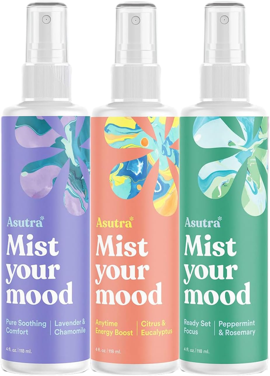 Asutra Multi-Use Natural Aromatherapy Essential Oil Room Spray, Calming Linen & Pillow Mist, 3 Scent Variety Pack for Sleep & Bed, 4 fl oz