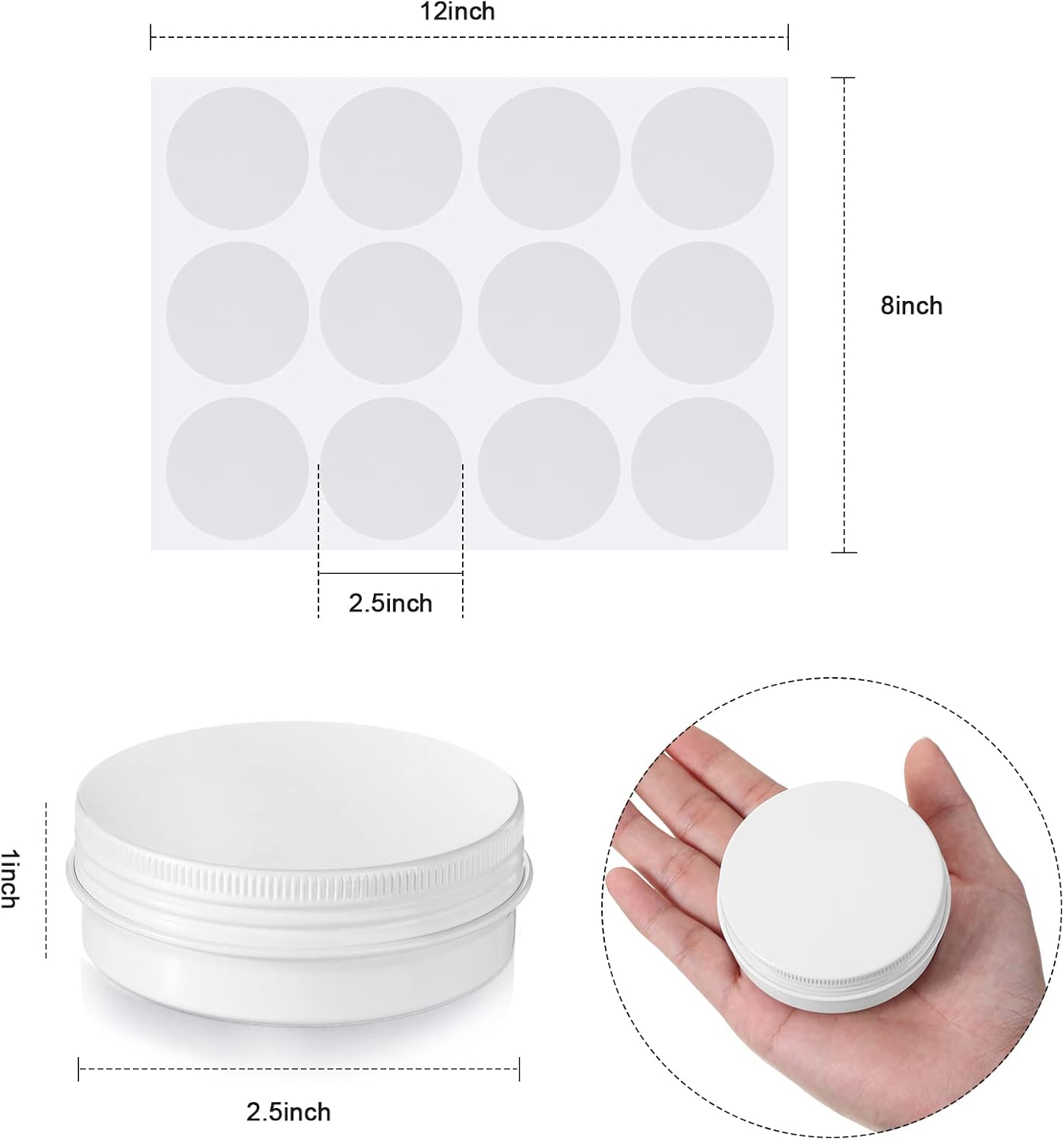 Patelai 2 oz White Metal Round Tins Aluminum Tin Cans Salve Tins Containers with Screw Lid 10 Sheets Stickers for Salve Spice Candies Balms Candles, 36 Pack (Classic Style)