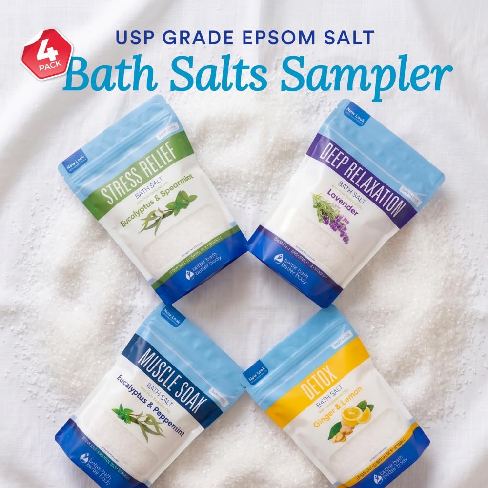 Bath Salts Sampler (4-Pack of 2-lbs) Variety Bath Soaks with Bamboo Scoop