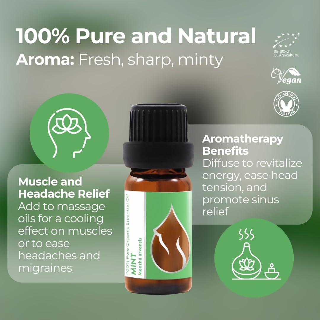 Essences Bulgaria Organic Mint Essential Oil 1/3 Fl Oz | 10ml | Mentha arvensis | 100% Pure and Natural | Undiluted | Therapeutic Grade | Family Owned Farm | Steam-Distilled | Non-GMO | Vegan