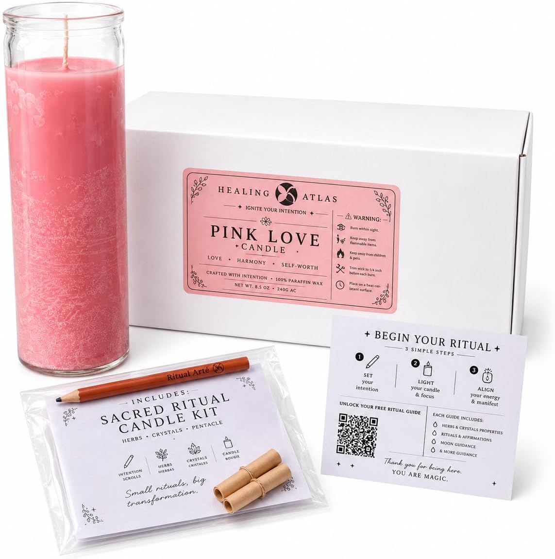 Pink Love Manifestation Candle Kit – 8" Ritual Prayer Candle with Intention Scrolls, Pencil & QR Guide, Self-Love, Harmony & Relationships