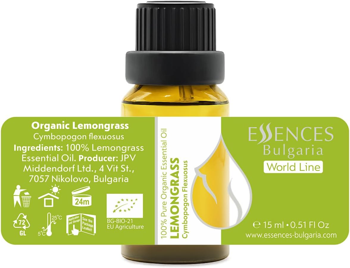 Essences Bulgaria Organic Lemongrass Essential Oil 0.51 Fl Oz | 15ml | Cymbopogon flexuosus | 100% Pure | Natural | Undiluted | Therapeutic Grade | Aromatherapy | Cosmetics | Cruelty Free | Vegan