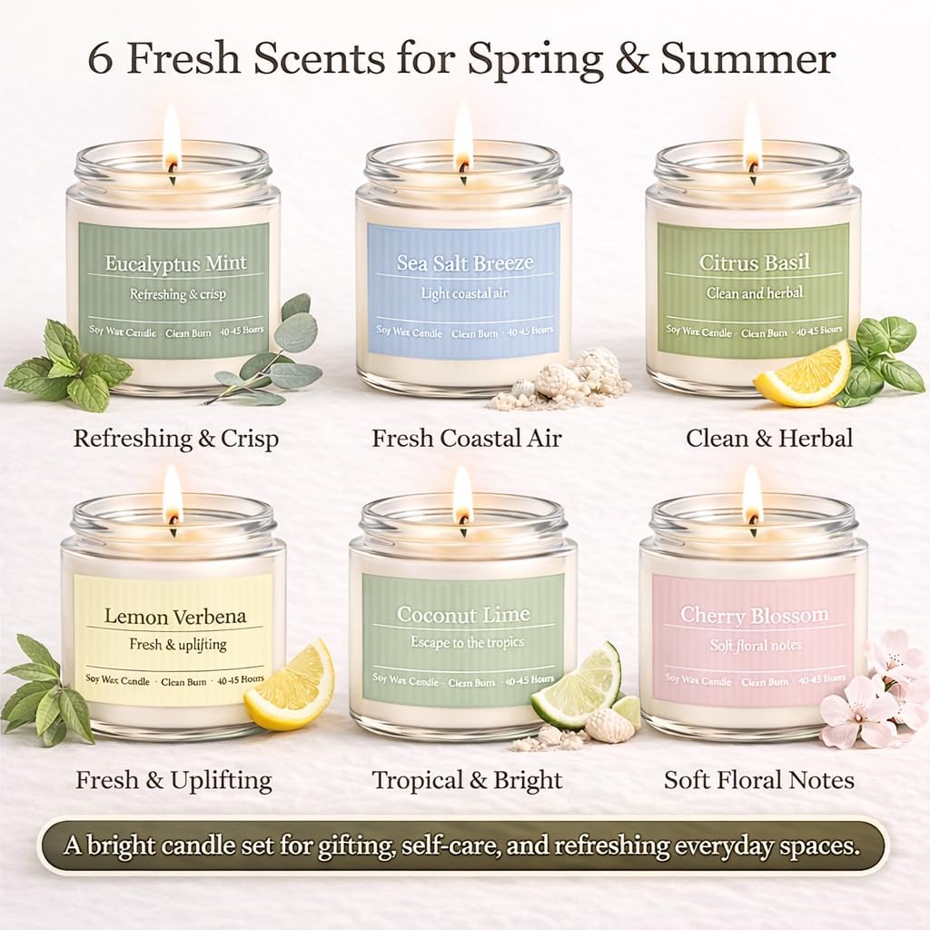Scented Candles Gift Set,6 Pack Spring Summer Soy Wax Aromatherapy Candles,Lemon Verbena,Coconut Lime,Sea Salt Breeze, Citrus Basil, Eucalyptus Mint & Cherry Blossom