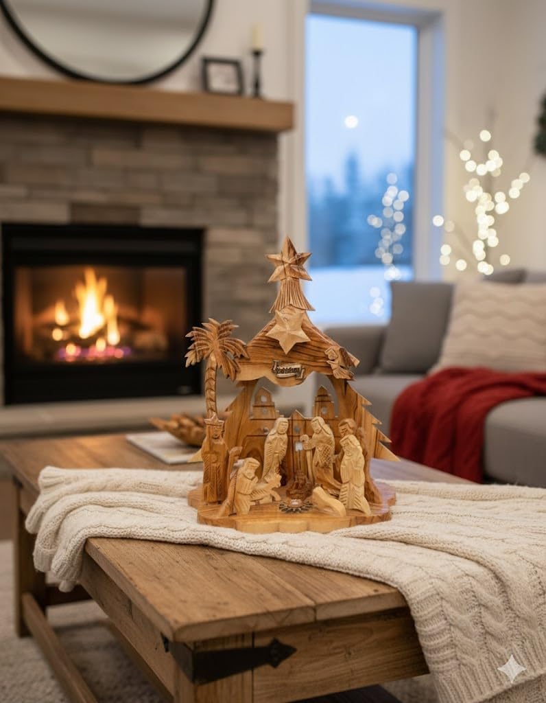 Zuluf Olive Wood Musical Nativity Set | Handcrafted Tabletop Christmas Scene with Incense & Holy Land Certificate | Christian Holiday Decor Gift for Home Display, 8x6 Inches