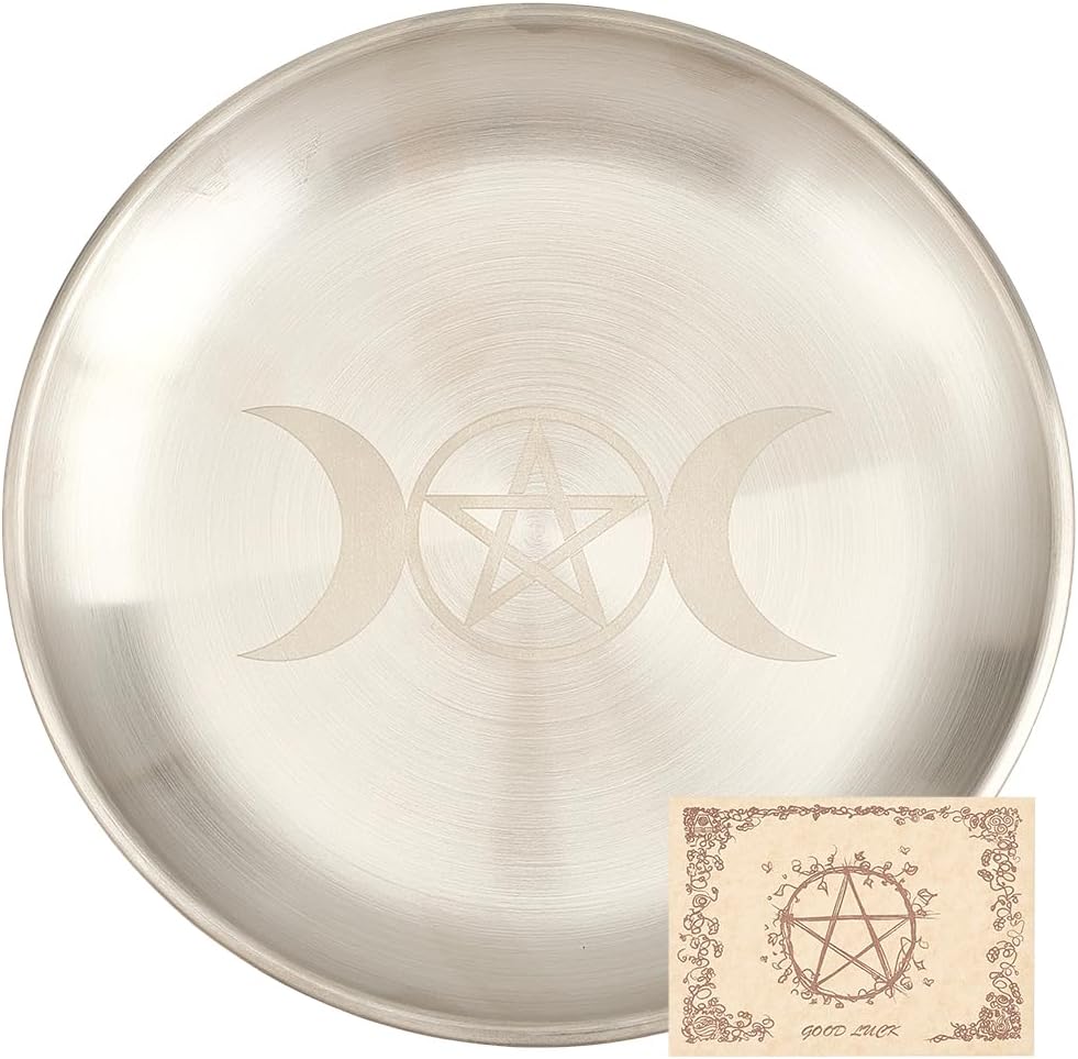 CREATCABIN Moon Ritual Plate Altar Plate Stainless Steel Flat Bowl Round Tray Prayer Offering Bowl Dish Candle Holder for Smudging Incense Burner Meditation Tarot Jewelry Dowsing Divination 5.55Inch