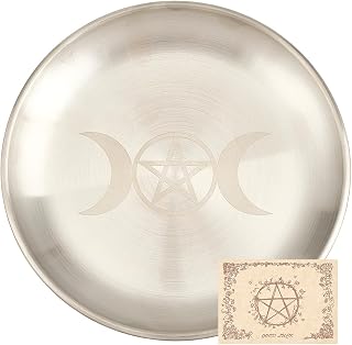 CREATCABIN Moon Ritual Plate Altar Plate Stainless Steel Flat Bowl Round Tray Prayer Offering Bowl Dish Candle Holder for Smudging Incense Burner Meditation Tarot Jewelry Dowsing Divination 5.55Inch