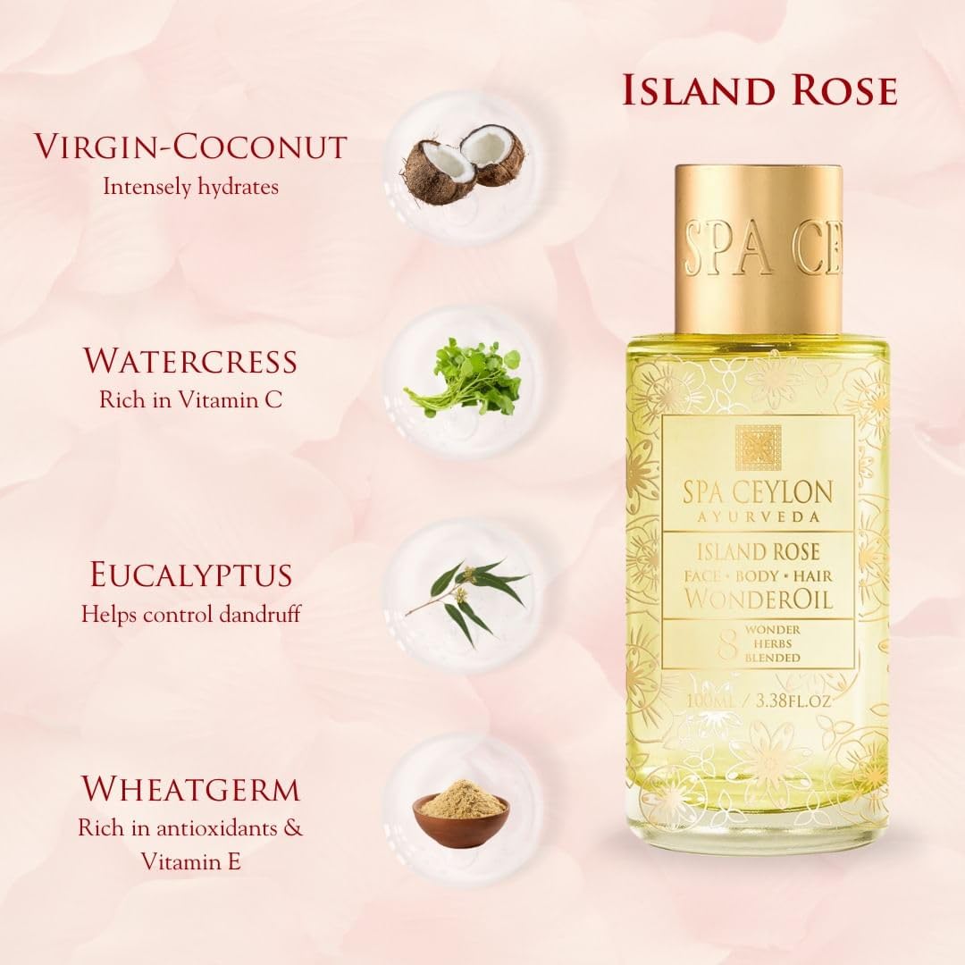 SPA CEYLON Wonder Oil Island Rose, Luxurious Moisturizing Body Oil with Ayurvedic Herbs for Skin & Hair, Non-Greasy Organic Formula, Vegan & Paraben-Free, 100 ml