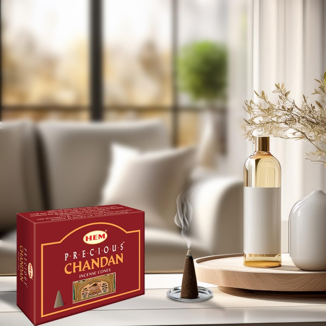 HEM Precious Chandan Incense Cones Pack of 120 | Natural Sandalwood Aroma for Positivity & Air Purifier | Pure House, Wood Powder | Home Essential, Aromatherapy Incense for Stress Relief & Cleansing
