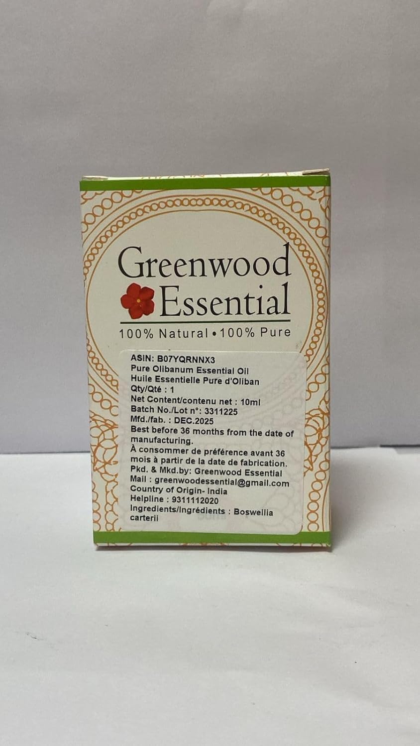 Greenwood Essential Olibanum Essential Oil (Boswellia carterii) Pure | Non-Sticky | Non-Greasy | Lightweight | Men & Women | All Skin Types | Steam Distilled 10ml (0.33 oz)