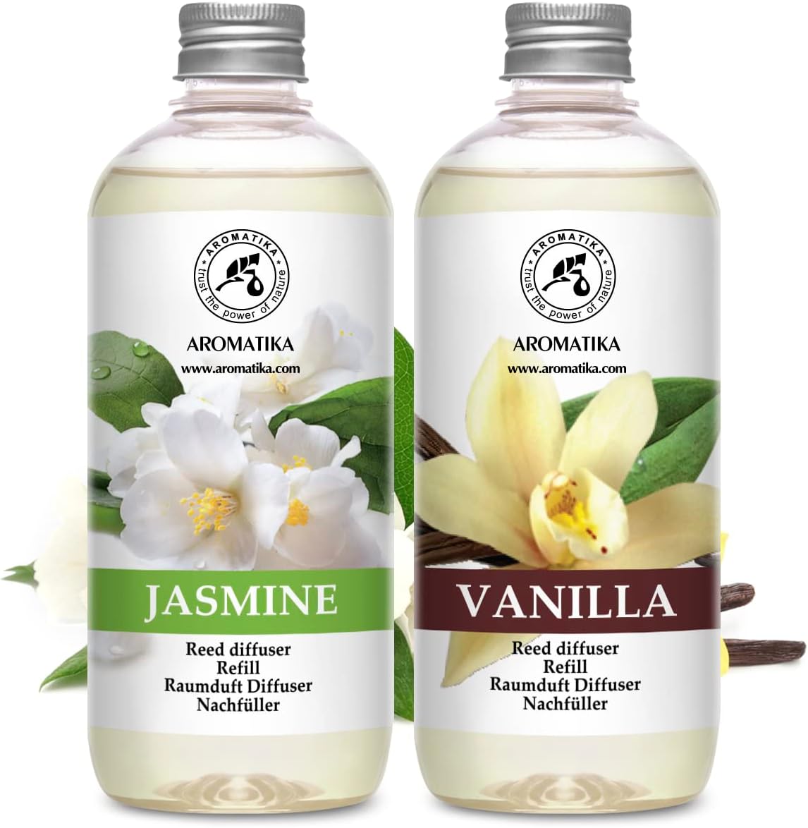 Reed Diffuser Refill Set Vanille & Jasmine with Jasmine Essential Oil 34 Fl Oz - 2 x 500ml - Fragrance Oil Reed Diffuser Refill - Room Freshener - Floral Fragrance
