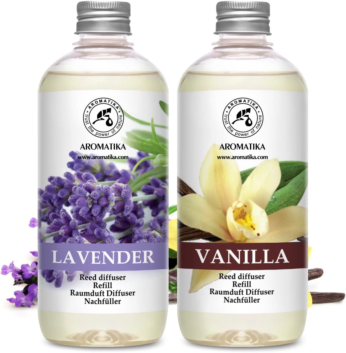 Reed Diffuser Refill Set Vanilla & Lavender with Lavender Essential Oil 34 Fl Oz - 2x500ml - Fragrance Oil Reed Diffuser Refill - Room Freshener - Floral Fragrance - Fresh and Long Lasting Fragrance