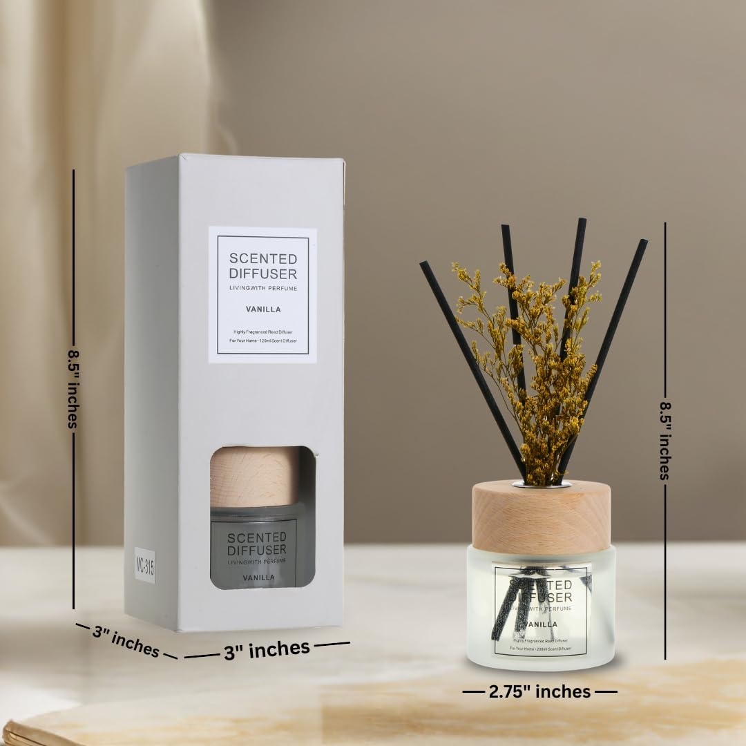 Vanilla Scented Reed Diffuser Set (200ml) with 4 Reed Sticks, Home Fragrance Scented Diffuser for Bathroom Shelf Office Decor & Gifts