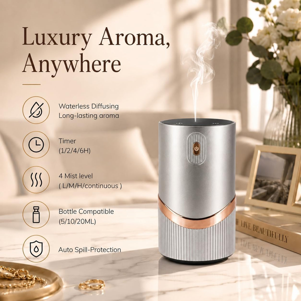 Essential Oil Diffuser Mini Waterless Diffuser Smart Car Diffuser Cordless Diffusers for Home Scent Diffuser Grey Air Diffuser with 10ml Essential Oils