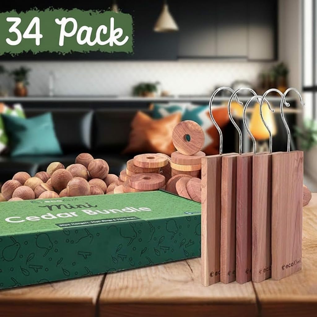 ecoKiwi Cedar Blocks for Clothes Storage Mini Bundle Box - Cedar Hangers x6, Balls x16 & Rings x12-100% Natural Oil Planks & Chips for Closets & Drawers - Aromatic Red Cedar Wood with Sandpaper
