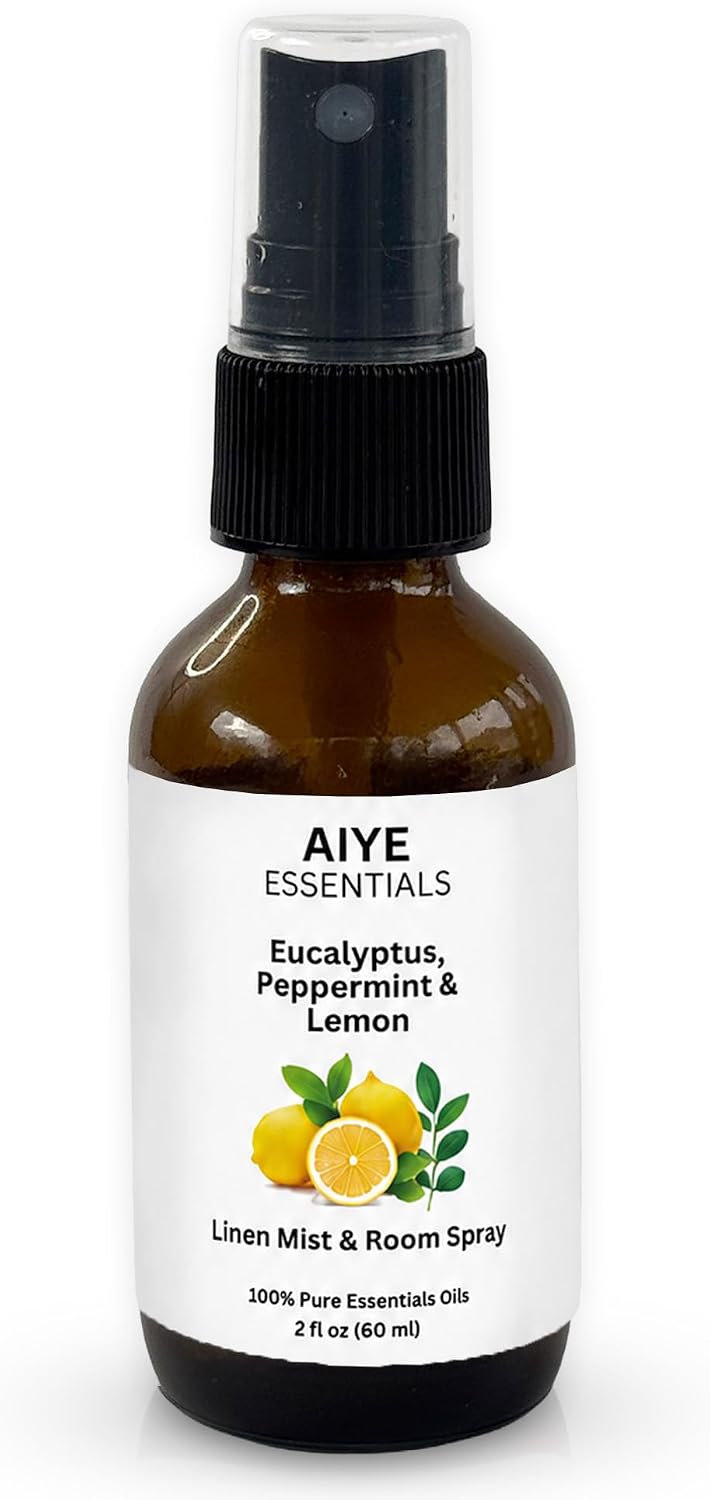 AIYE Essentials Eucalyptus, Peppermint and Lemon Aromatherapy Mist, 100% Pure Essential Oils, Linen & Room Spray Non-Toxic 2 fl oz, (60 ml)