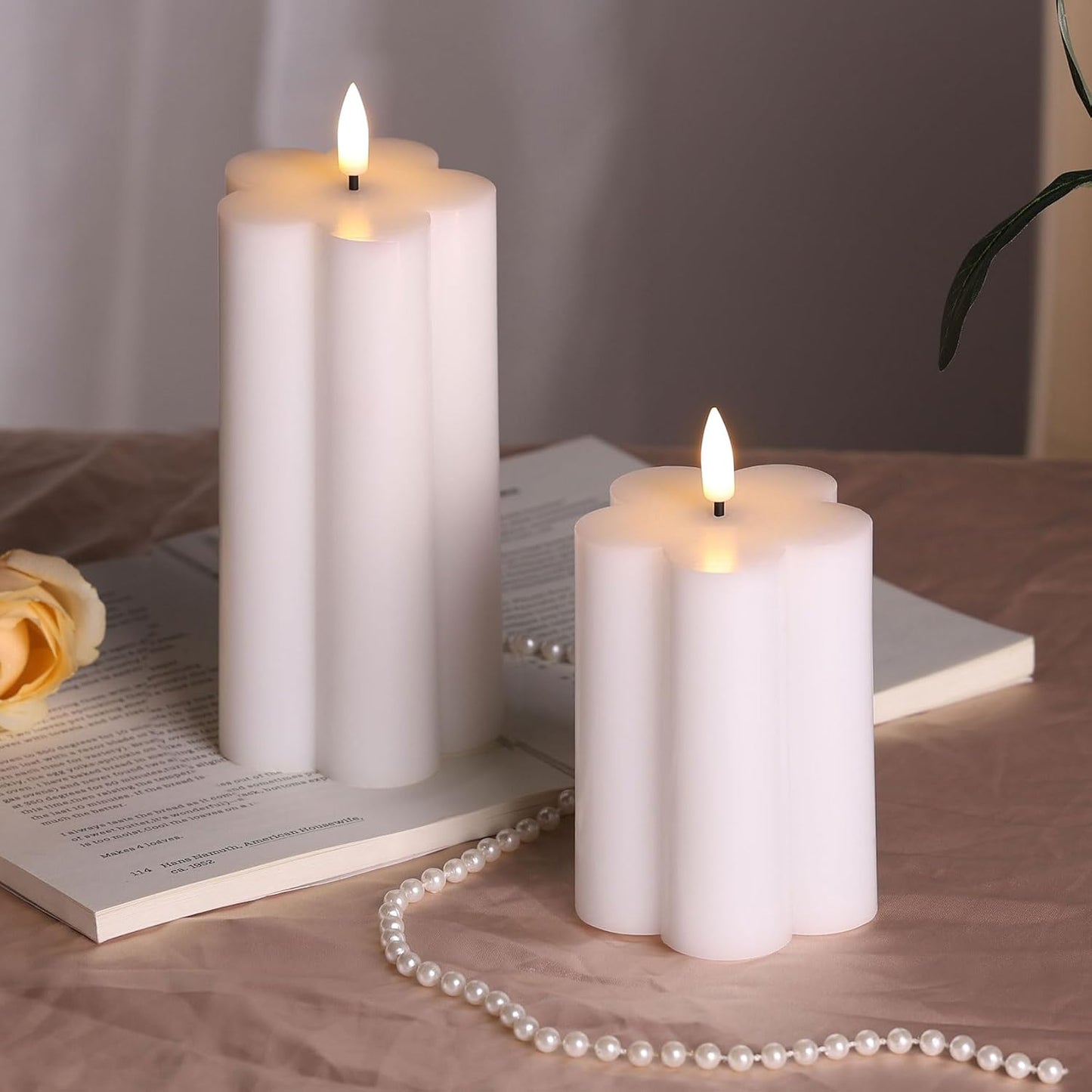 White Flameless Pillar Candles with Remote, Flickering LED Wax Candles Battery Operated Aesthetic Home Decor Set of 2