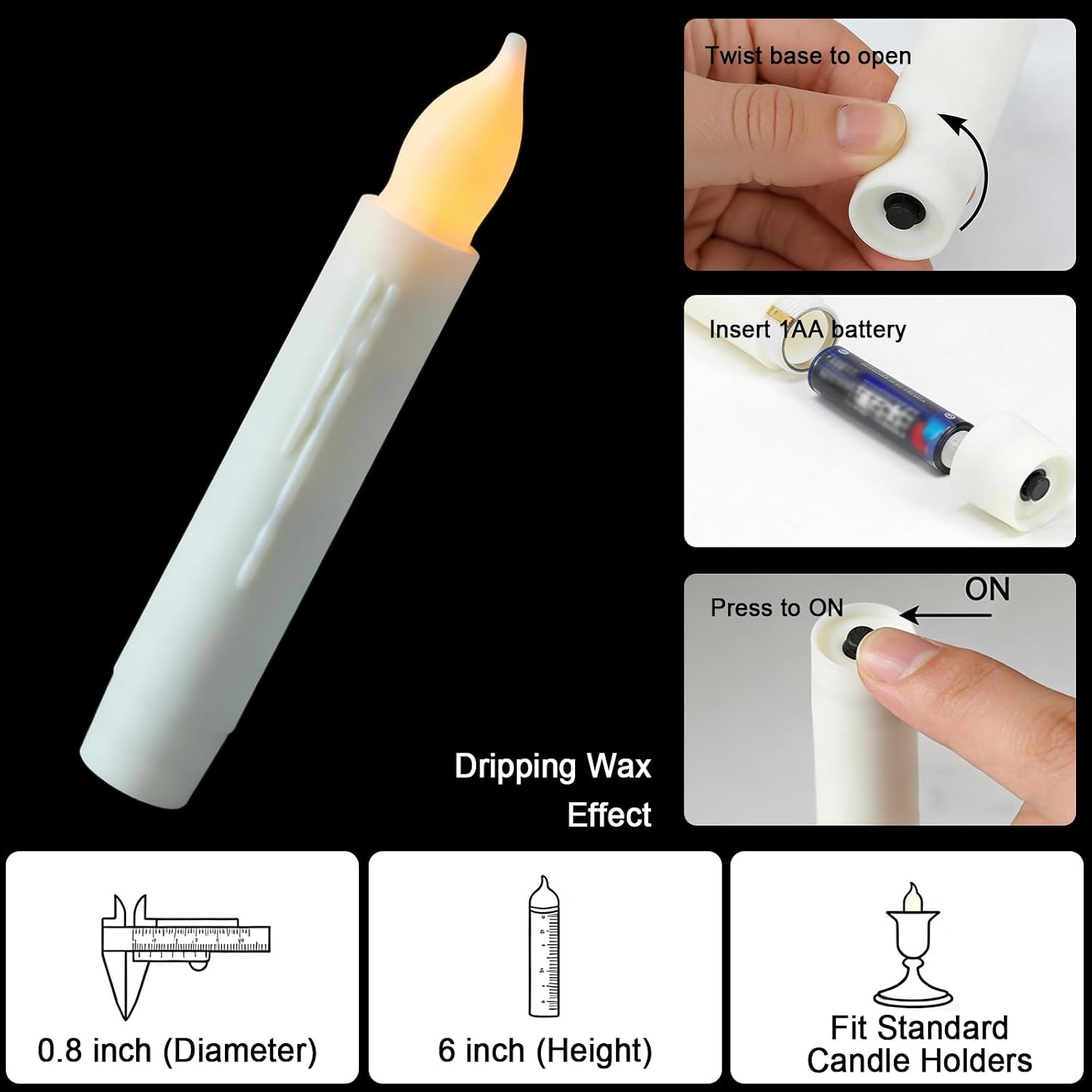Lezonic 12 Pack Flameless Taper Candles Battery Operated Candlesticks Flickering LED Fake with Dripping for Halloween Christmas, 6 Inch White Wedding Mantel Fall Church Vigil Decor by Touch, No Remote