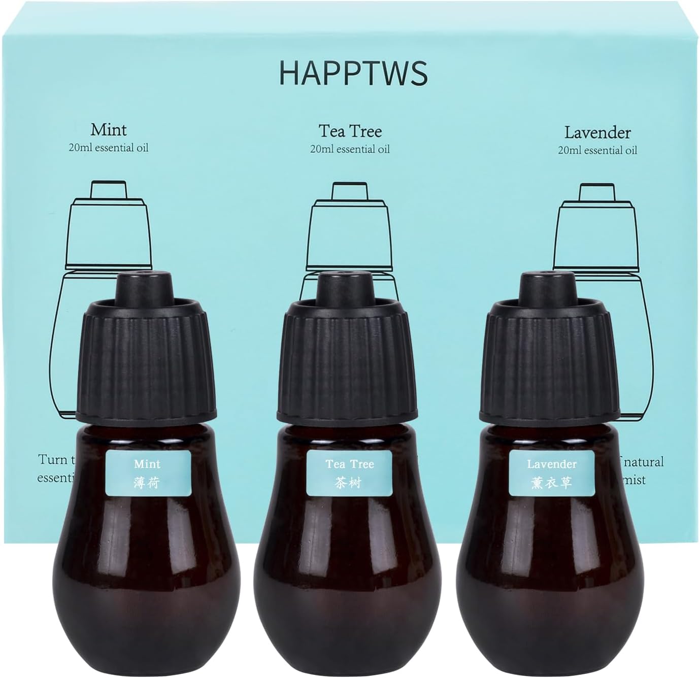HAPPTWS 3-Pack Essential Oil Kit - Diffuser Oil Use to HAPPTWS Waterless Diffuser Mint/Tea Tree/Lavender