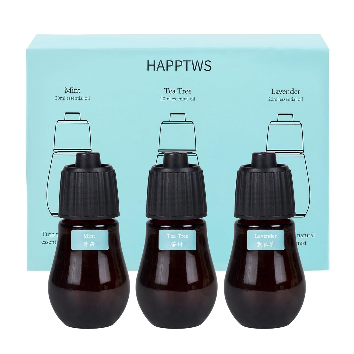 HAPPTWS 3-Pack Essential Oil Kit - Diffuser Oil Use to HAPPTWS Waterless Diffuser Mint/Tea Tree/Lavender