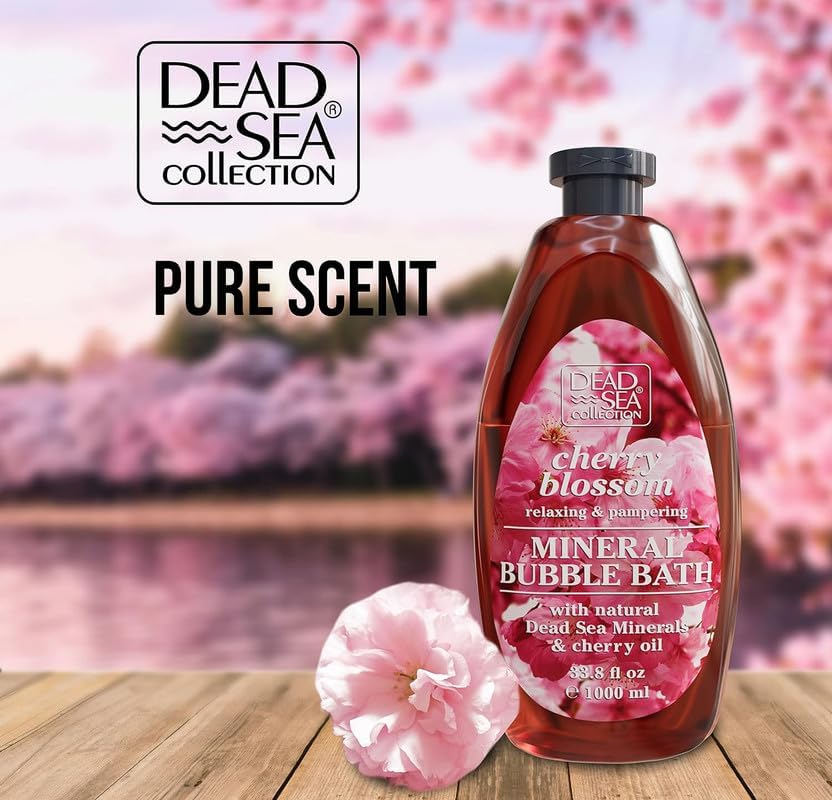 Dead Sea Collection Bubble Bath with Cherry Blossom for Women and Men – Cherry Seeds Oil and Dead Sea Salt - Nourishing and Moisturizing Skin - Pack of 2 (67.6 fl.oz)
