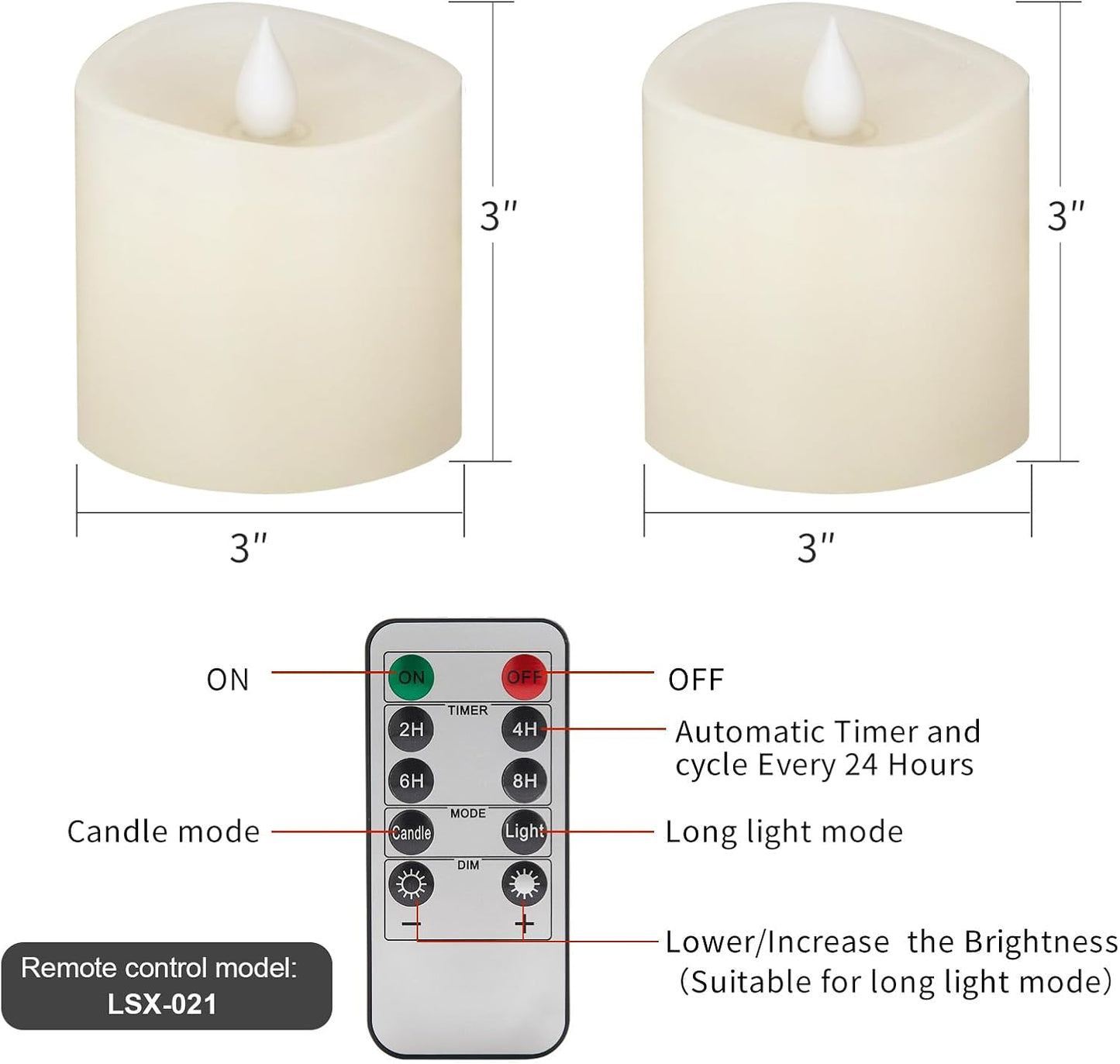 3x3 Flickering Flameless Candles Set of 2, 2AA Battery Life 600 Hours Battery Candles Flickering with Timer,3 inch Flameless Candles with Remote for Indoor/Outdoor, Ivory