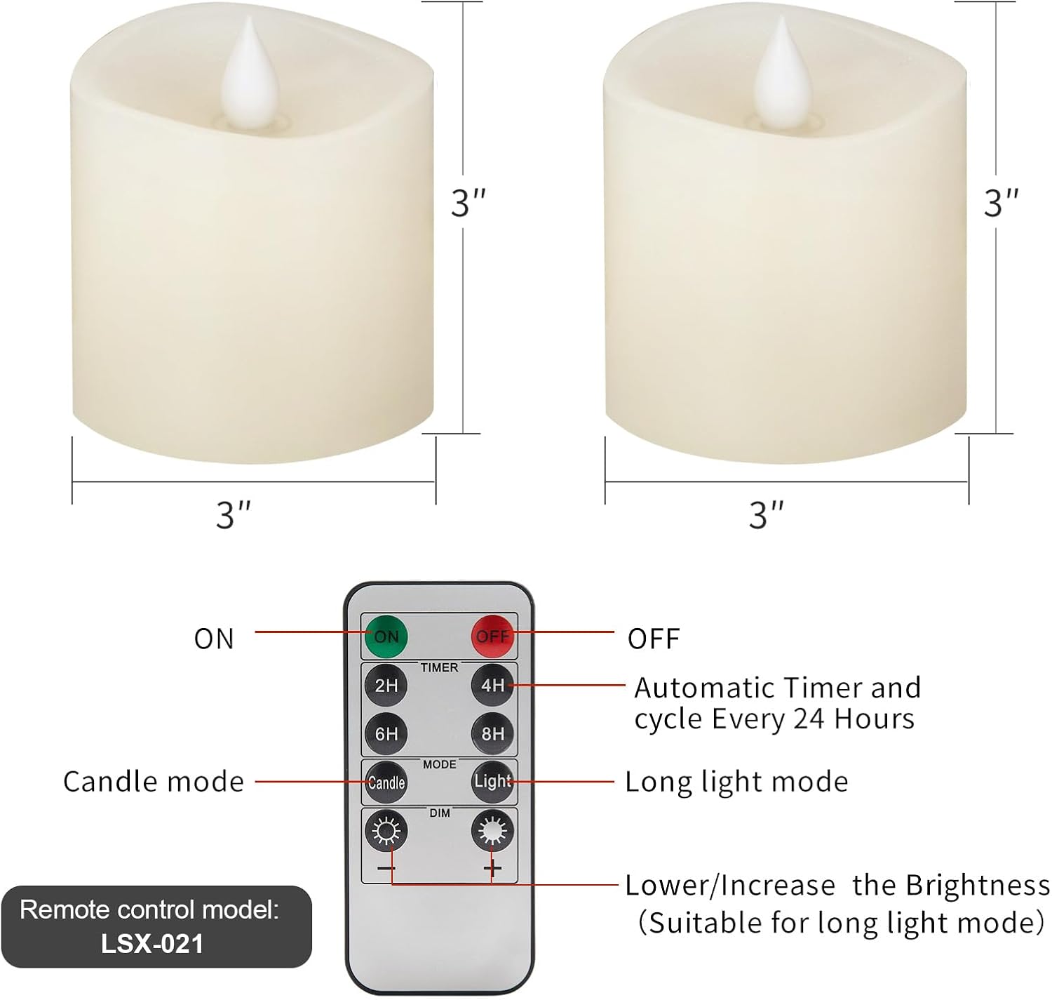 3x3 Flickering Flameless Candles Set of 2, 2AA Battery Life 600 Hours Battery Candles Flickering with Timer,3 inch Flameless Candles with Remote for Indoor/Outdoor, Ivory