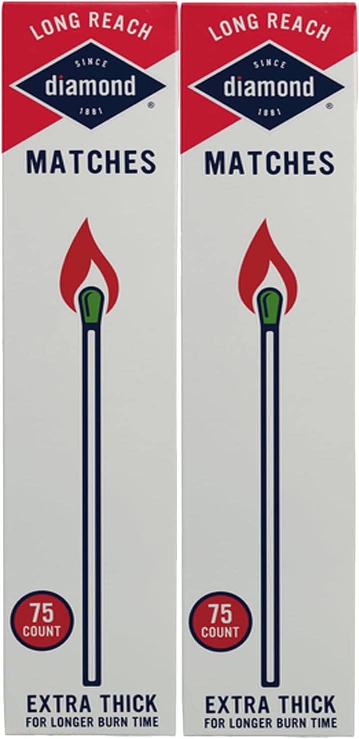 Diamond Long Reach Matches 75 Count (2 Pack Total 150 Matches) Strike on Box Wooden Matches for Fireplace, Grill, Candles & Camping – Long Burn Time Safety Matches
