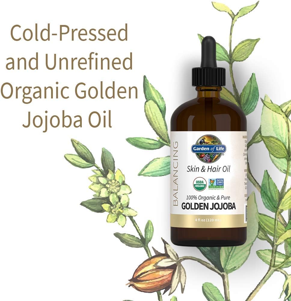 Garden of Life Jojoba Oil 100% Organic & Pure Golden Jojoba Oil for Hair, Skin and Face - Cold Pressed Body Oil, Massage, or Use as a Carrier Oil for Making Lip Balms & Body Butters, 4 fl