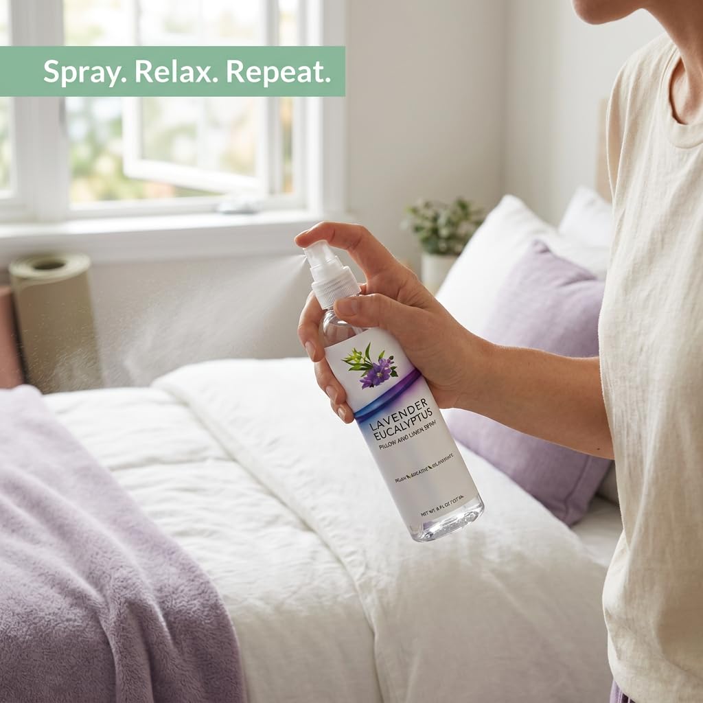 Lavender Eucalyptus Pillow Spray, Aromatherapy Linen & Bedding Mist, Natural Essential Oil Room Spritz for Relaxation, Stress and Air Freshener, Fabric Refresher for Calm Sleeping