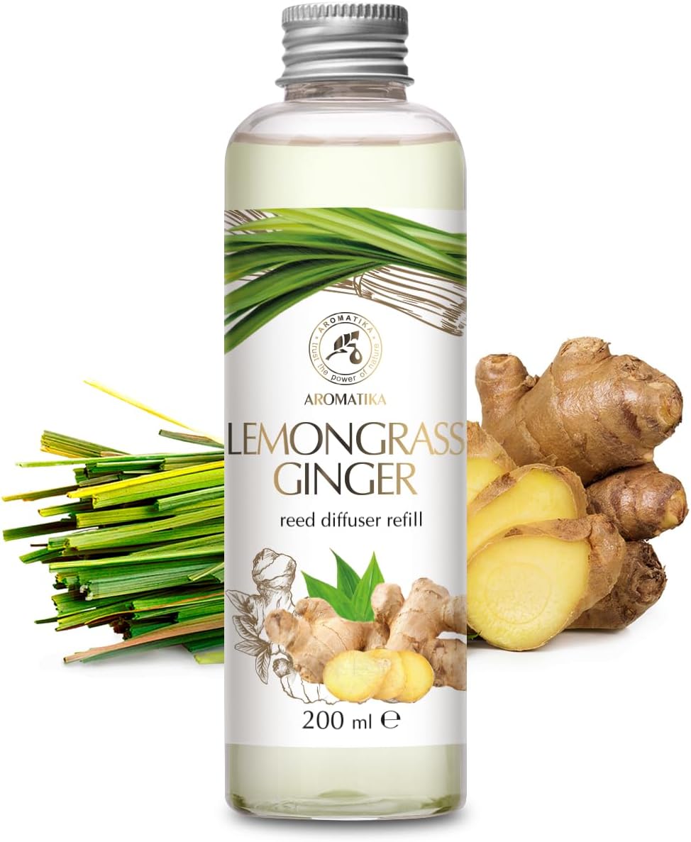 Reed Diffuser Refill Lemongrass-Ginger 6.8Fl Oz - Aroma Diffuser Refill with Essential Ginger Oil - Fragrance Diffuser - Spicy and Fresh Fragrance - Natural Fragrance - Aromatherapy - Air Freshener