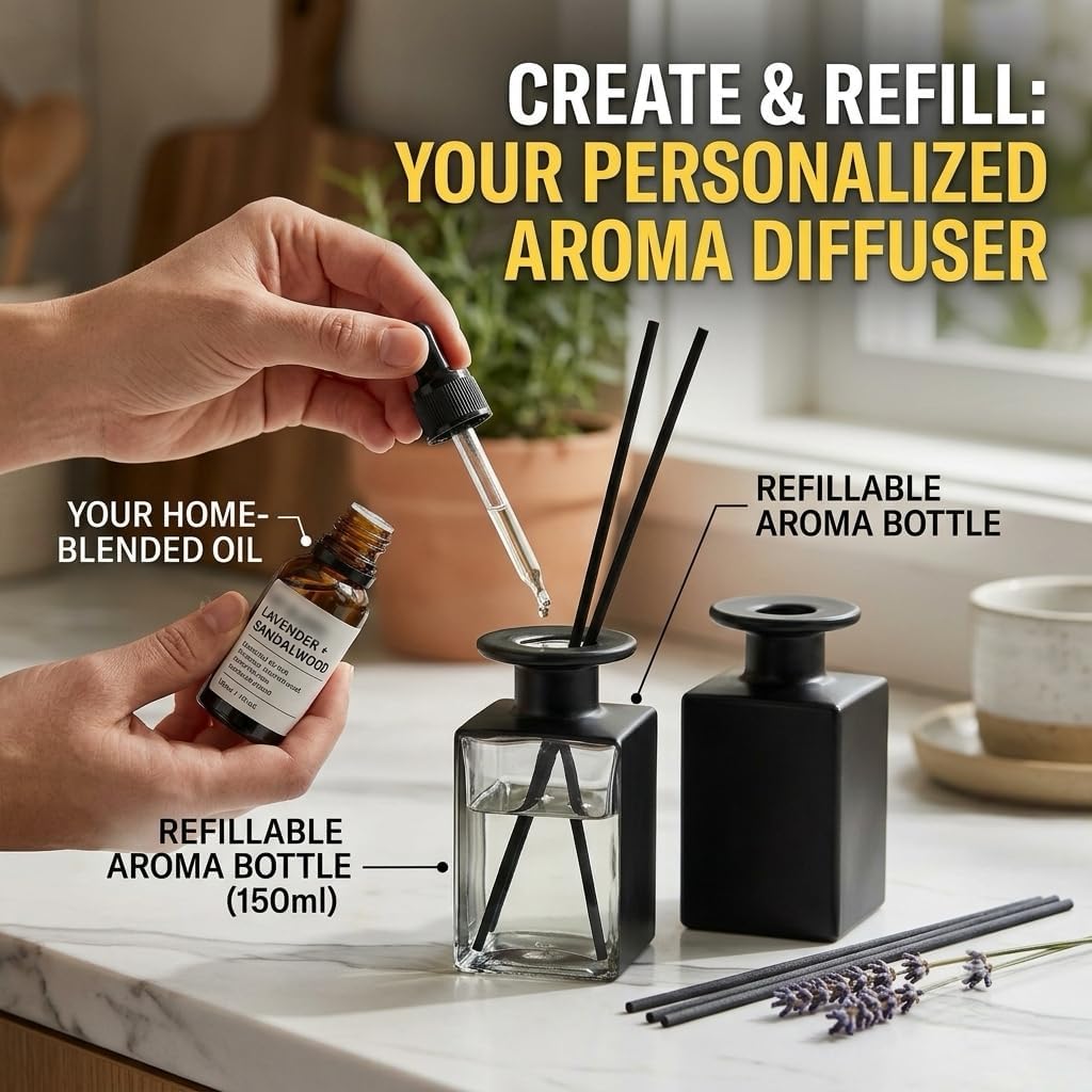 2 Pack 150ml Glass Reed Diffuser Container with Black Sticks, Empty Essential Oil Diffuser Jars with Protective Packaging for DIY Home Fragrance, Bathroom, Bedroom and Office Decor (2, Matte Black)