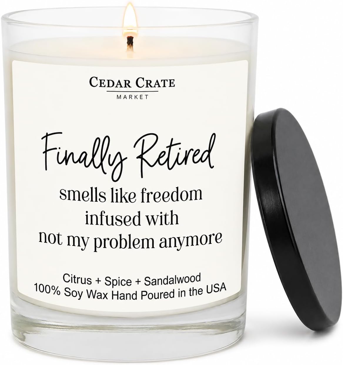 Cedar Crate Market - Retirement Gift for Woman, Men - Finally Retired Soy Wax Candle,Caribbean Retreat Scented, 60 Hours Burn, Eco-Friendly Glass Jar, Farewell Presents for Coworkers - Made in USA