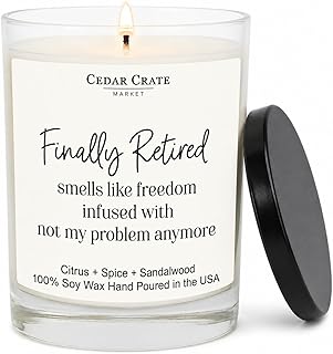 Cedar Crate Market - Retirement Gift for Woman, Men - Finally Retired Soy Wax Candle,Caribbean Retreat Scented, 60 Hours Burn, Eco-Friendly Glass Jar, Farewell Presents for Coworkers - Made in USA