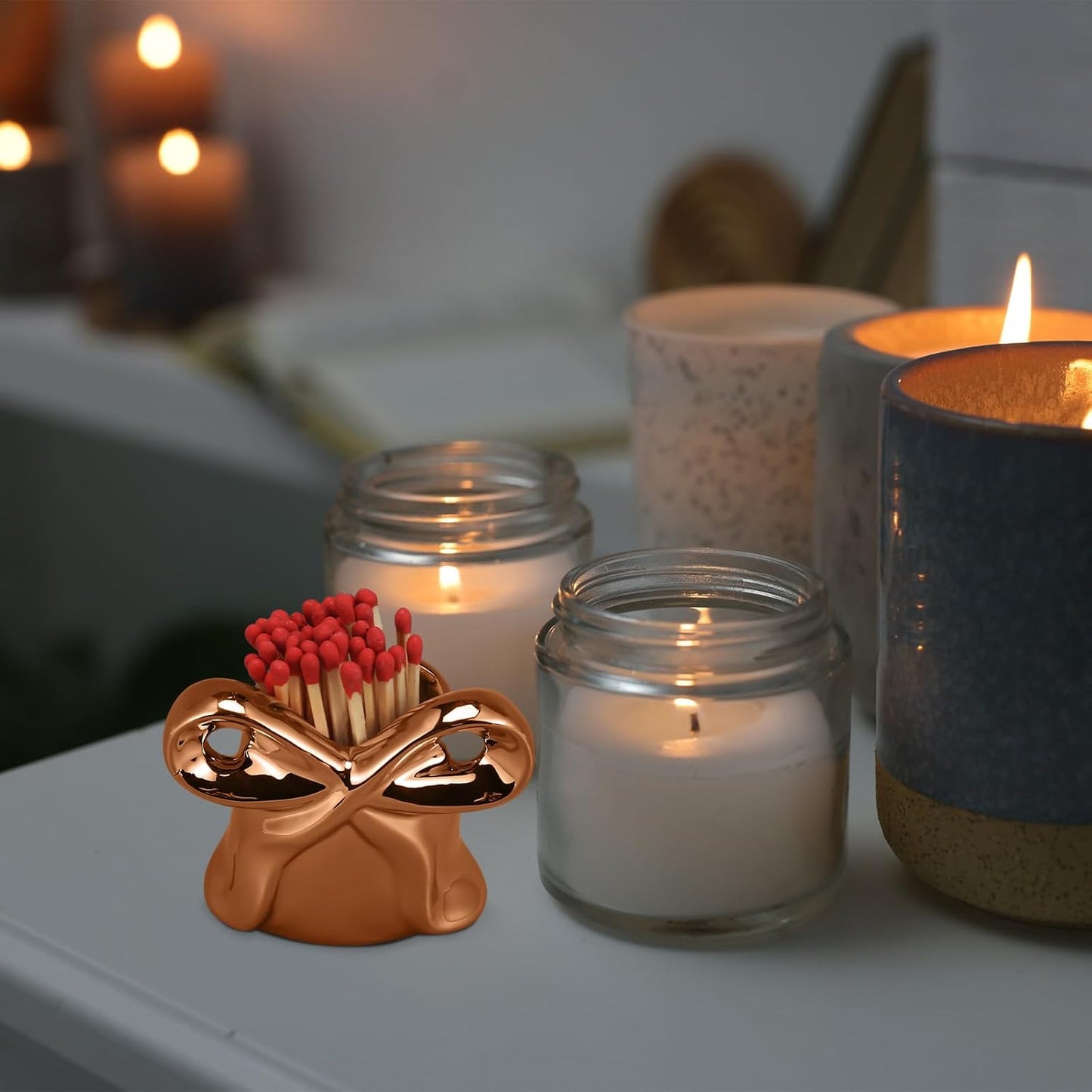 Blulu Bow Ceramic Match Holders Gold Match Decorative Home Decoration for Bathroom Bedroom Fireplace Kitchen