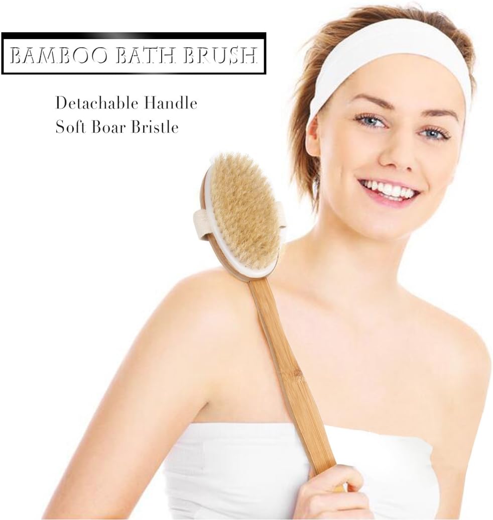 Bath Body Brush & Shower,Dry Skin Brushing with 100% Natural Boar Bristles & 16 inches Long Bamboo Detachable Handle,Back Scrubber for Exfoliates & Stimulates Blood Circulation-by Qlben