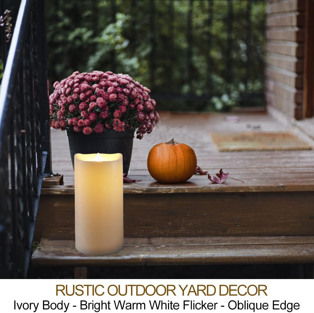 Pack of 2 Large Outdoor LED Pillar Candles 4x8 with Timer and Remote - IP65 Waterproof Battery Operated LED Pillar Candles Ivory Body - Oblique Edge Flickering Flameless Pillar Candles