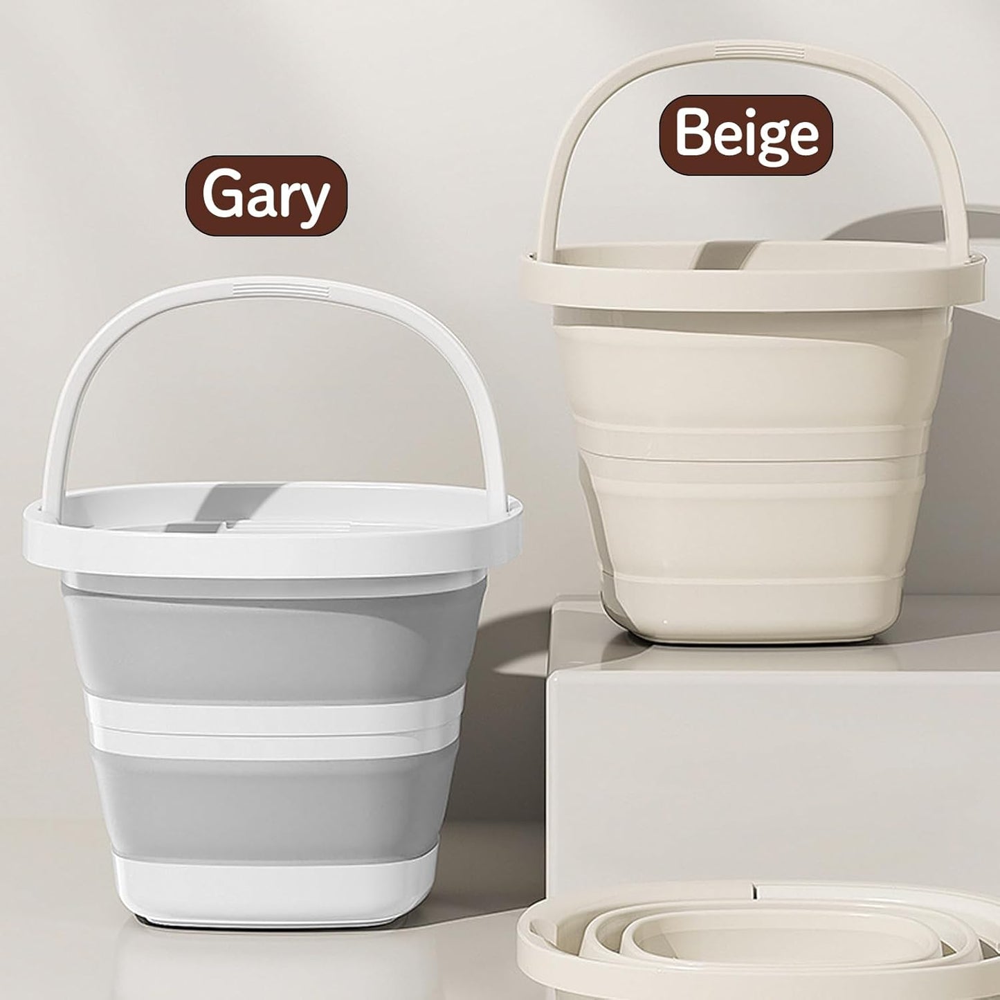 Folding Bucket, Water Bucket, 5L, 10L, Thick, Multi-Functional, Convenient, Foot Bath, Square, Stylish, Camping, Laundry, car wash, Foot Bath, Fishing (Beige-5L)