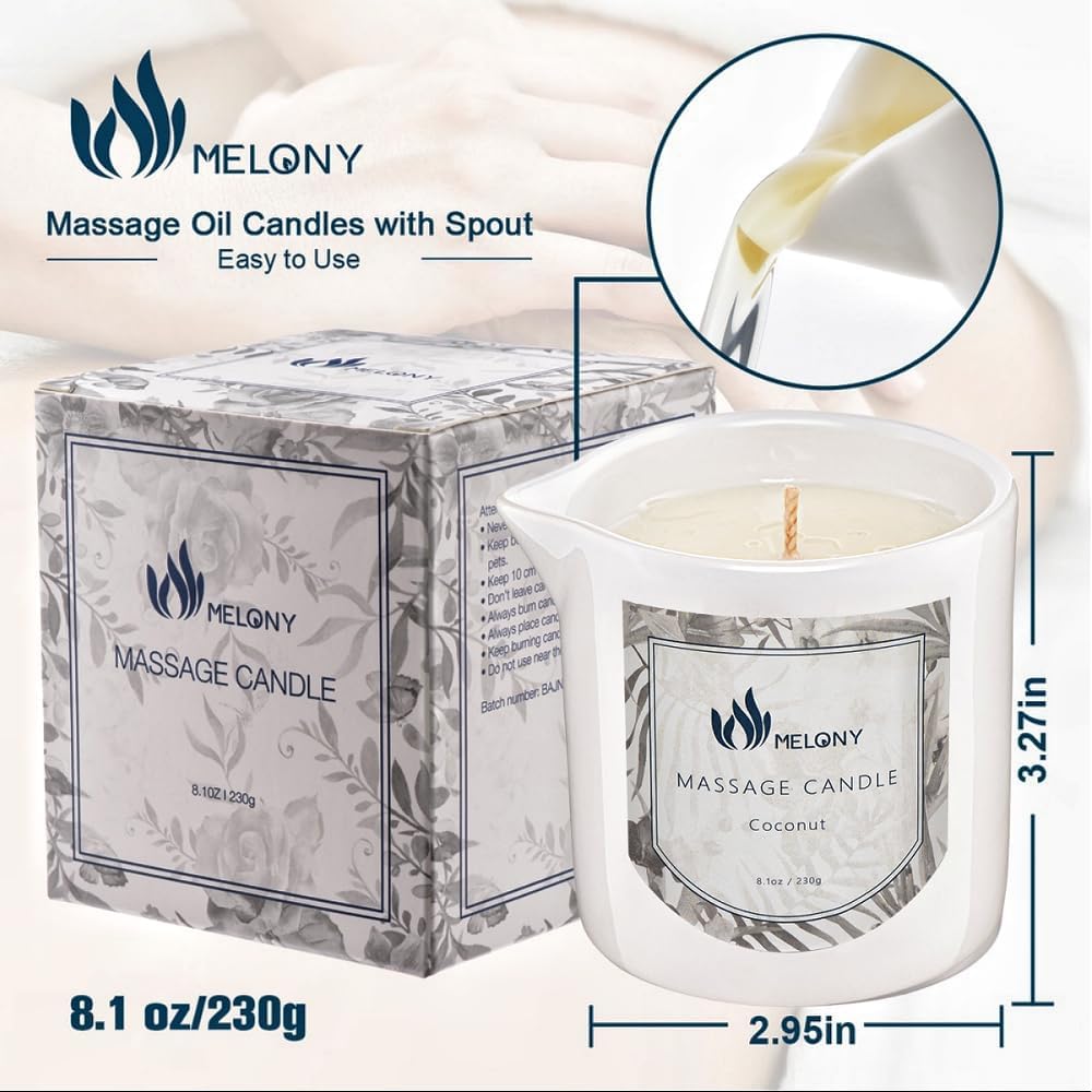 MELONY Soy Massage Oil Candle | Coconut | 8.1OZ / 230G | Perfect Intensive Skin Treatment Candle | Nourishing with Almond Oil, Shea Butter & Cocoa Butter | Massage & Moisturise