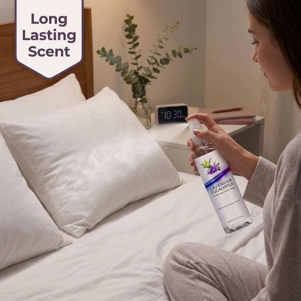 Lavender Eucalyptus Pillow and Linen Spray, Home Essential Oil Mist to Relax The Body & Mind, Natural Aromatherapy Sleep Spray, Calming Formula (Lavender Eucalyptus, 4oz)