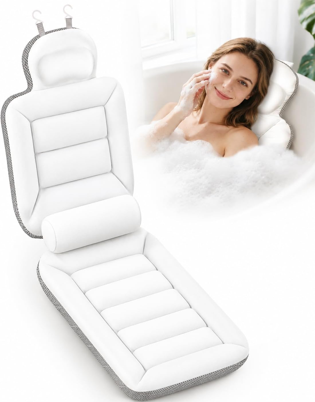 Full Body Bath Pillow for Bathtub, Extra Thick Luxury Bath Cushion with Adjustable Lumbar Support, 240 Suction Cups, Quick Dry 5D Mesh Tub Pillow for Home Spa Relaxation 52" x 17"
