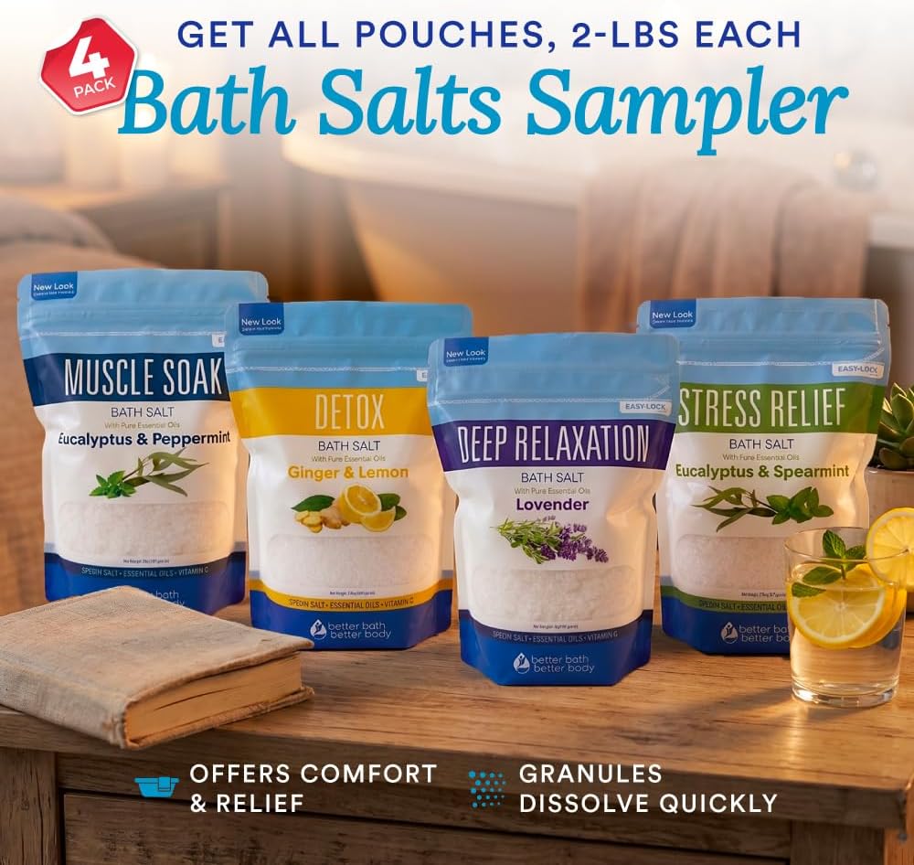 Bath Salts Sampler (4-Pack of 2-lbs) Variety Bath Soaks with Bamboo Scoop
