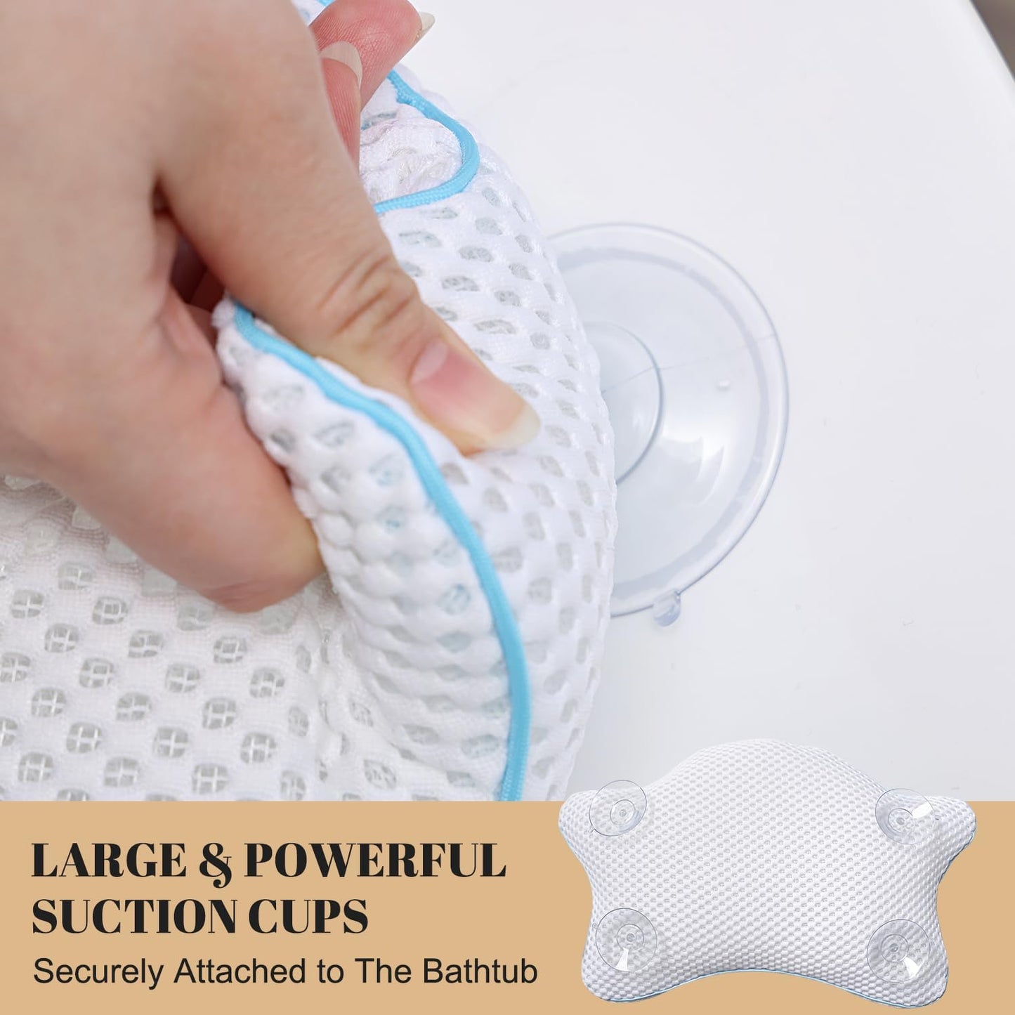 Non Slip Bath Pillow, Luxury Spa Bathtub Head & Neck Rest Support, Permeable Quick Drying Air Mesh Tub Pillow with 4 Large Suction Cups, Fits Any Tubs, Soft and Relaxing (White)