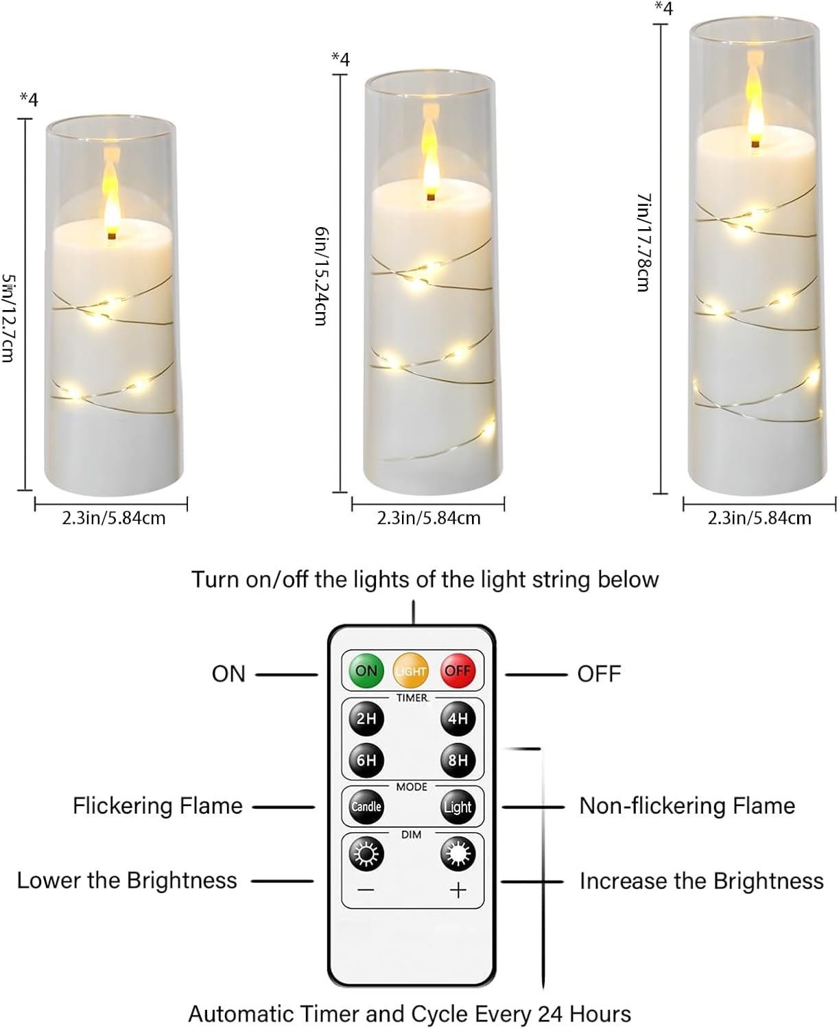 Sasigeiaa Flameless Candles with Embedded Star String - Battery Operated LED Candles, with Remote,12 White Flickering Candles for Christmas, Weddings, Home Decor & Party,(D 2.3"×H 5" 6" 7")