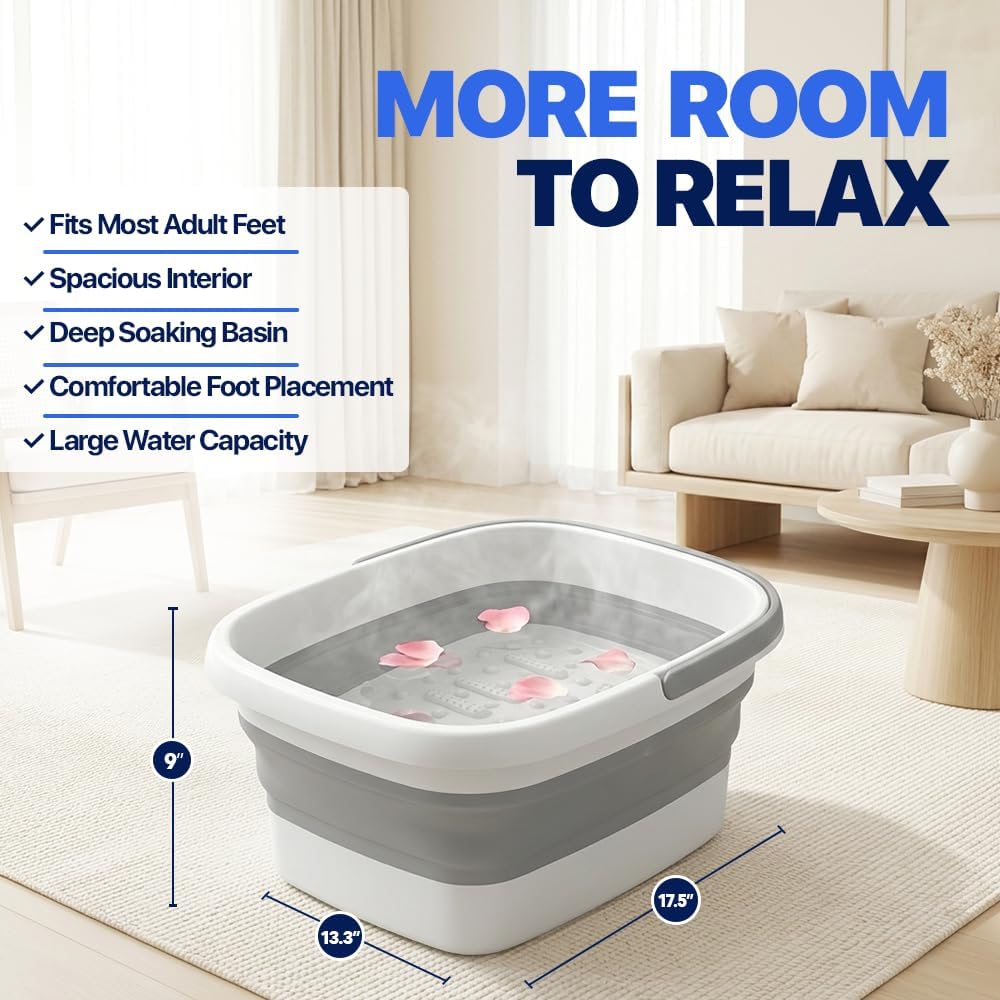 AllSett Health Collapsible Foot Bath – Advance Feet Soaking Tub with Portable Design and Handle – Foldable Pedicure Foot Spa Basin – Compact and Lightweight Soak Tub with Acupressure Points, White