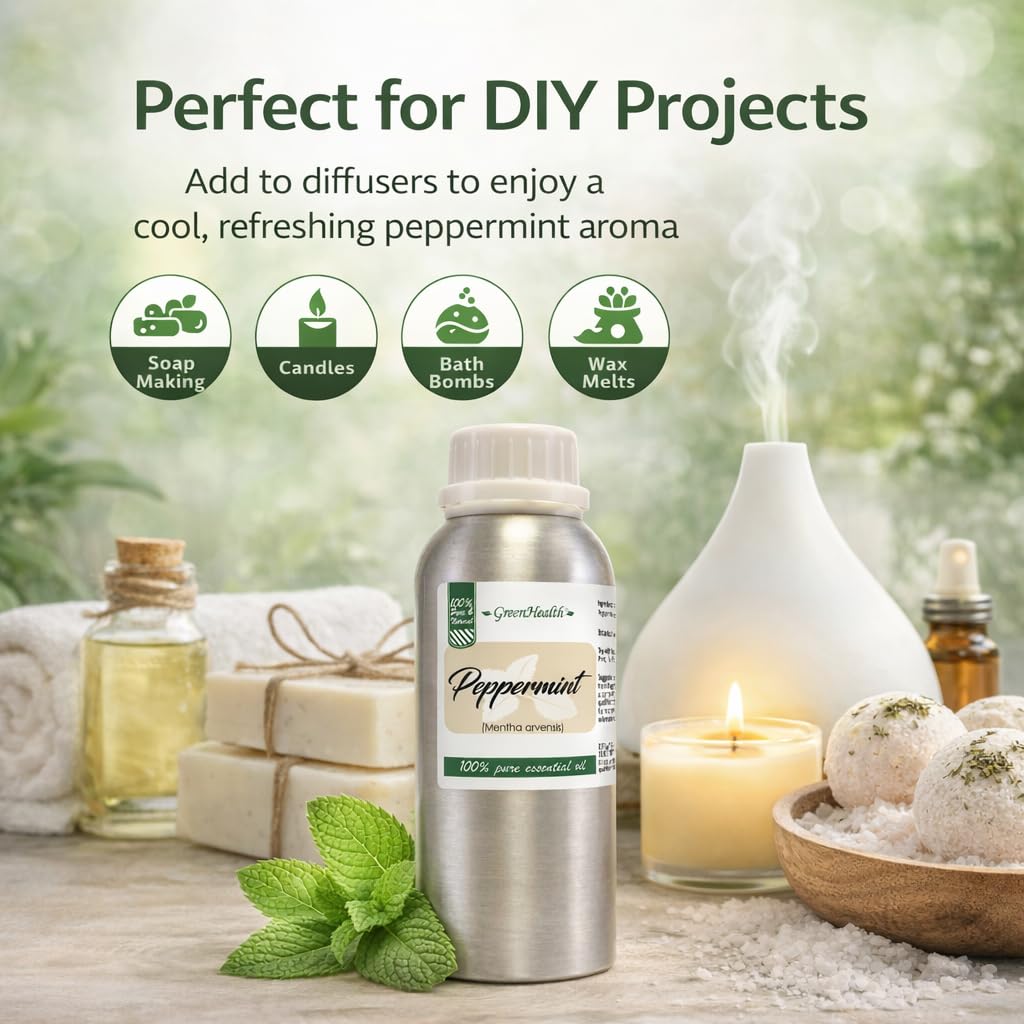 Peppermint Essential Oil – 8 fl oz (237 ml) Aluminum Bottle w/Plug Cap – 100% Pure Essential Oil – GreenHealth