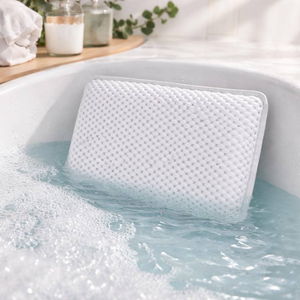 Bath Pillow for Tub with 8 Suction Cups and Drying Hook, Non-Slip Bathtub Headrest Foam Cushion, Waterproof, 11.5 x 7.5 x 2 Inches