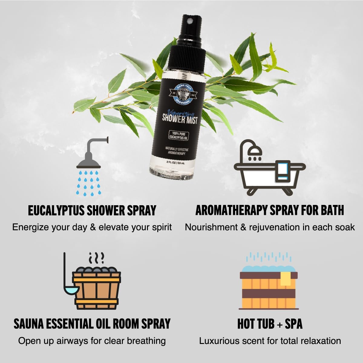 Game Face Eucalyptus Vaporizing Shower Mist Spray for Aromatherapy, At Home Spa Experience, Sinus Congestion Relief, and Tension Relief, 2 fl oz - Made in USA